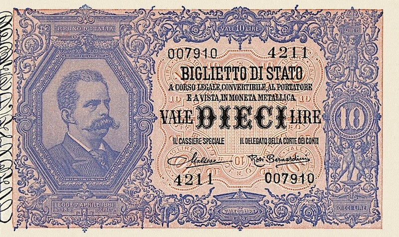 Italy banknote, Biglietto Di Stato, Umberto I Issue, 10 Lire, 1882, Pick P-20, UNC