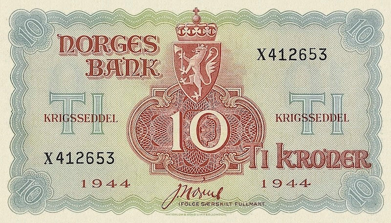 Norway (Government in Exile) banknotes, Krigsseddel, 10 Kroner, 1942, Pick P-20, UNC