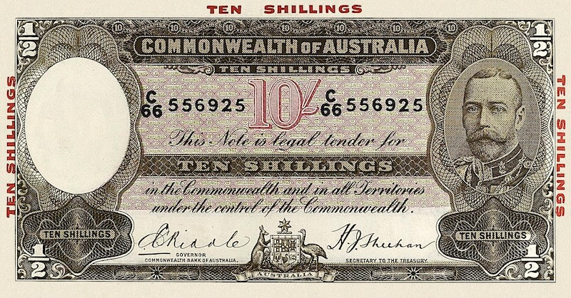 Australia banknotes, King George V, Commonwealth Bank, 10 shillings, 1933, Pick P-20, UNC