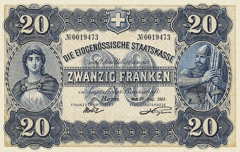Switzerland banknotes, Federal Treasury, 20 Franken, 1914, Pick P-20, UNC