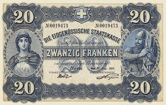 Switzerland banknotes, Federal Treasury, 20 Franken, 1914, Pick P-20, UNC
