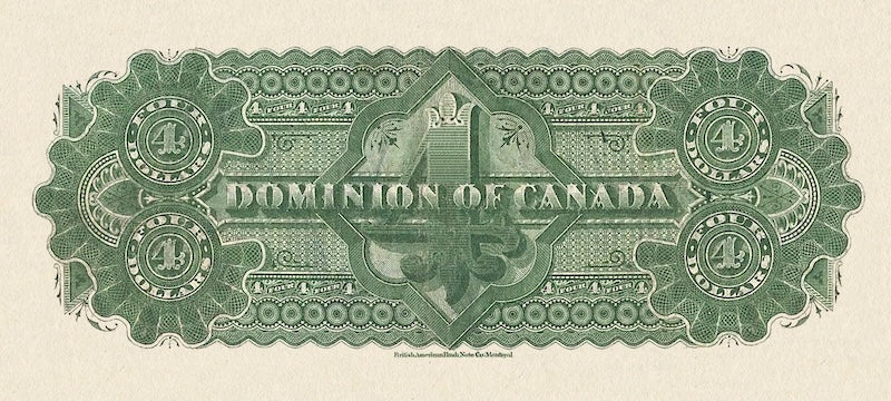 Dominion of Canada banknote, $4 Dollars, 1882, Pick P-20, UNC