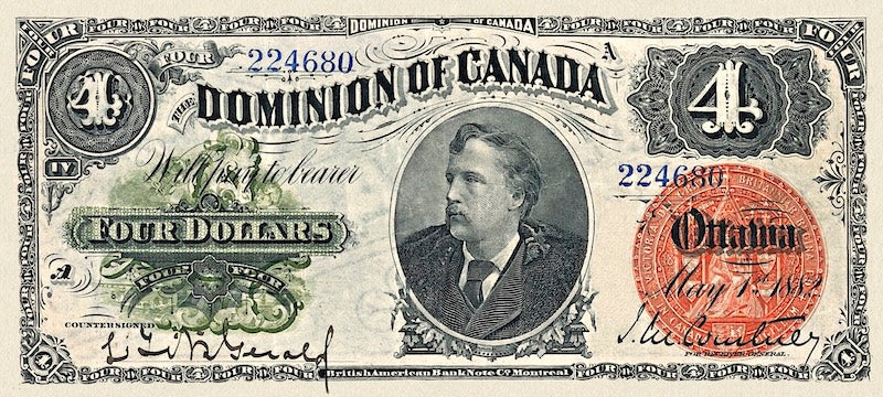 Dominion of Canada banknote, $4 Dollars, 1882, Pick P-20, UNC