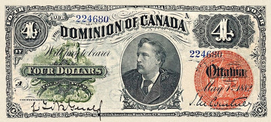 Dominion of Canada banknote, $4 Dollars, 1882, Pick P-20, UNC