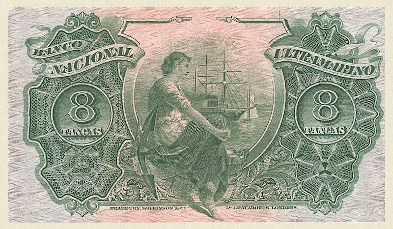 Portuguese India banknote, Banco Nacional Ultramarino, 8 Tangas, 1917, Pick P-20, UNC