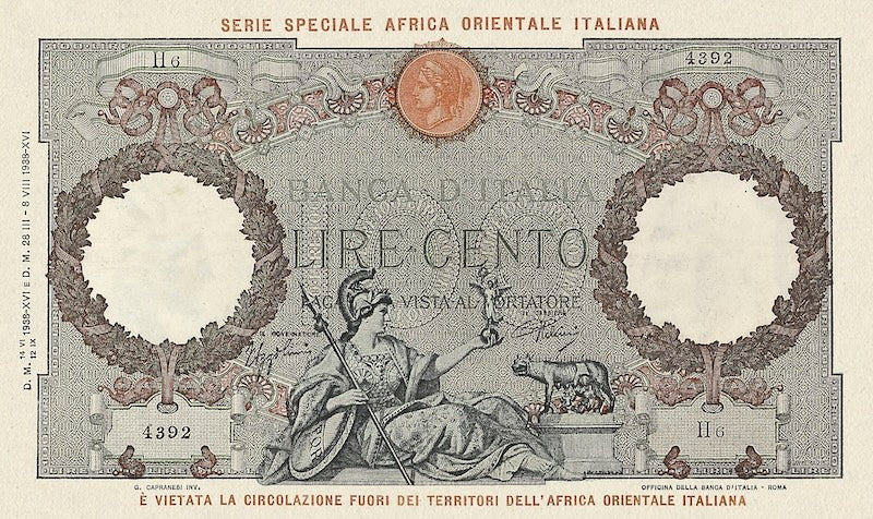 Italian East Africa banknote, Banca d'Italia, 100 Lire, 1938, Pick P-2, UNC