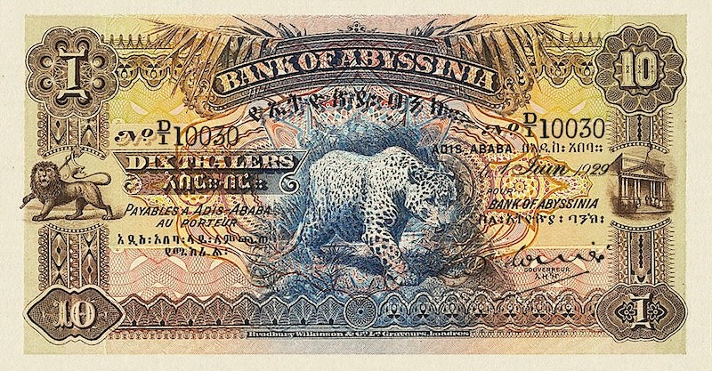 Ethiopia banknotes, Bank of Abyssinia, 10 Thalers, 1915, Pick P-2, UNC