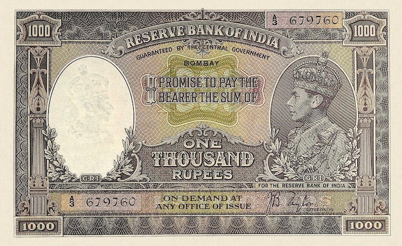 British India banknote, King George VI, 1000 Rupees, 1937, Pick P-21, UNC