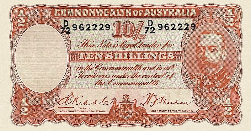 Australia banknotes, King George V, Commonwealth Bank, 10 shillings, 1933, Pick P-21, UNC