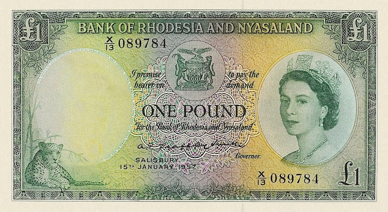 Rhodesia & Nyasaland banknotes, Queen Elizabeth II, £1 Pound, Year 1956, Pick  P-21, UNC