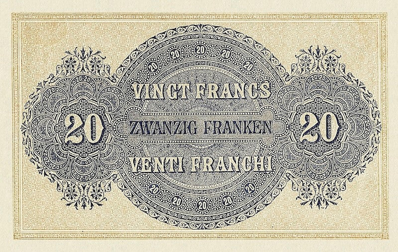 Switzerland banknotes, Federal Treasury, 20 Francs, 1914, Pick P-21, UNC