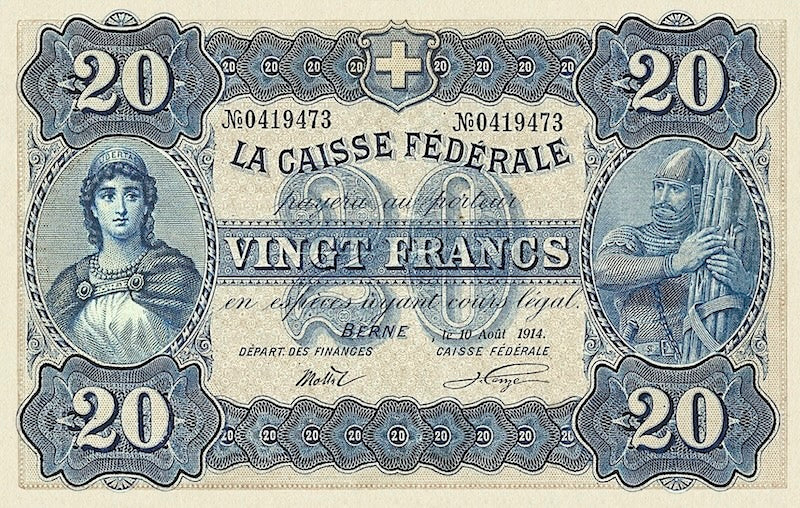 Switzerland banknotes, Federal Treasury, 20 Francs, 1914, Pick P-21, UNC