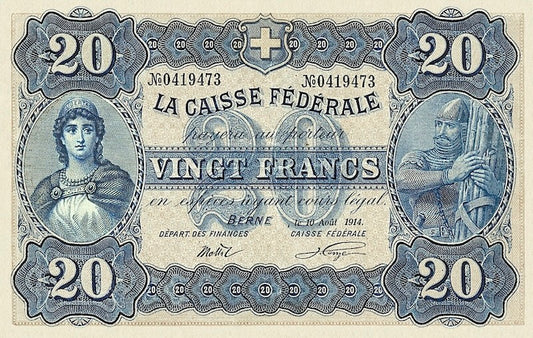 Switzerland banknotes, Federal Treasury, 20 Francs, 1914, Pick P-21, UNC