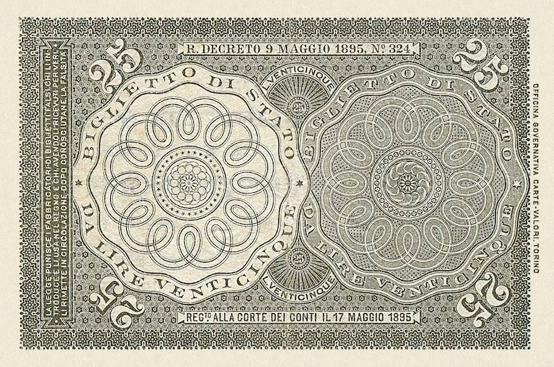 Italy banknote, Biglietto Di Stato, Umberto I Issue, 25 Lire, 1882, Pick P-21, UNC