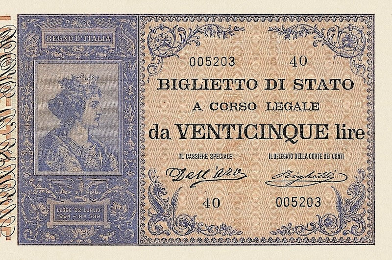 Italy banknote, Biglietto Di Stato, Umberto I Issue, 25 Lire, 1882, Pick P-21, UNC