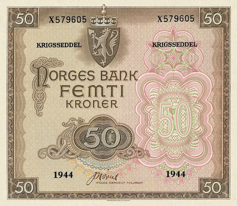 Norway (Government in Exile) banknotes, Krigsseddel, 50 Kroner, 1942, Pick P-21, UNC