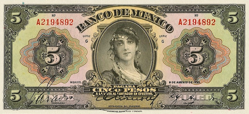Mexico banknote, Banco de Mexico, 5 Pesos, 1915, Pick P-21, UNC
