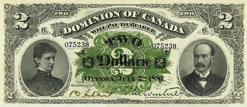 Dominion of Canada banknote, $2 Dollars, 1887, Pick P-21, UNC