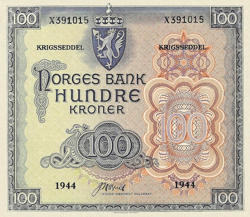 Norway (Government in Exile) banknotes, Krigsseddel, 100 Kroner, 1942, Pick P-22, UNC