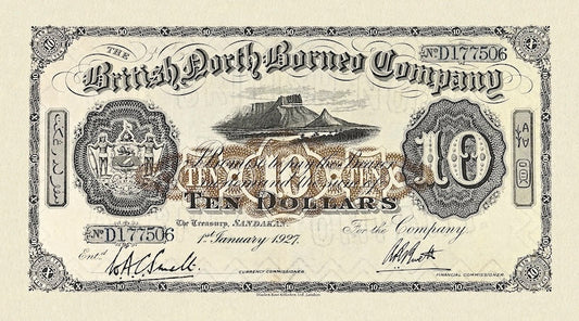 British North Borneo banknote, 10 Dollars, 1927, Pick P-22, UNC