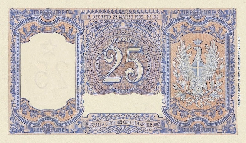 Italy banknote, Biglietto Di Stato, Umberto I Issue, 25 Lire, 1882, Pick P-22, UNC