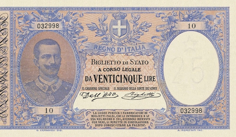 Italy banknote, Biglietto Di Stato, Umberto I Issue, 25 Lire, 1882, Pick P-22, UNC