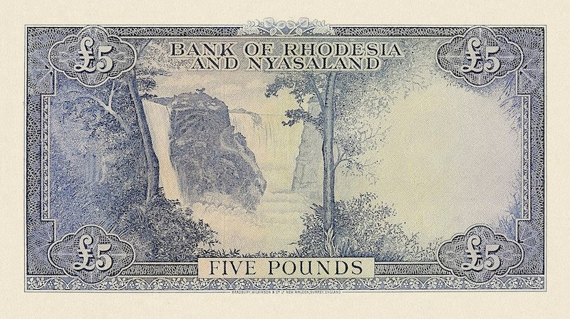 Rhodesia & Nyasaland banknotes, Queen Elizabeth II, £5 Pounds, Year 1956, Pick  P-22, UNC