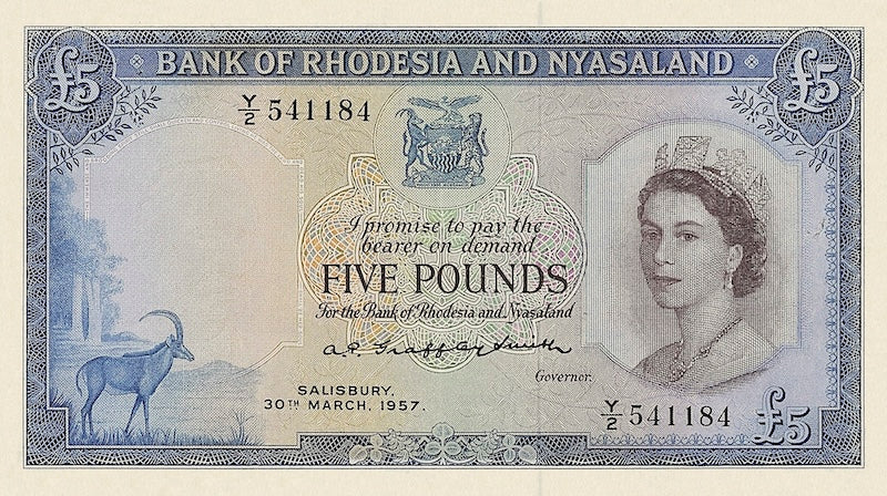 Rhodesia & Nyasaland banknotes, Queen Elizabeth II, £5 Pounds, Year 1956, Pick  P-22, UNC