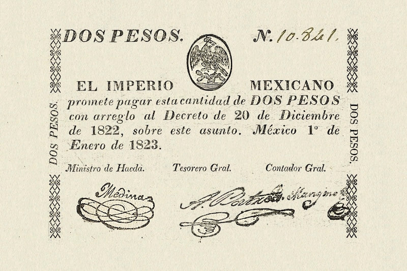 Mexico banknote, Imperio Mexicano, 2 Pesos, 1823, Pick P-2, UNC