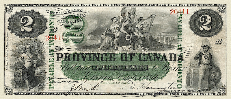 Province of Canada banknote, $2 Dollars, 1866, Pick P-2, UNC
