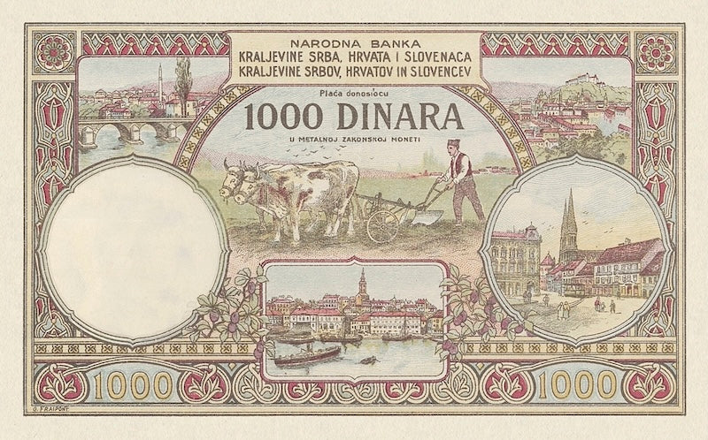 Kingdom of Serbs, Croats, and Slovenes banknote, Narodna Banka Kraljevine Srba, Hrvata i Slovenaca, 1000 Dinara, 1920, Pick P-23, UNC