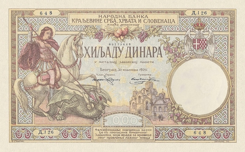 Kingdom of Serbs, Croats, and Slovenes banknote, Narodna Banka Kraljevine Srba, Hrvata i Slovenaca, 1000 Dinara, 1920, Pick P-23, UNC