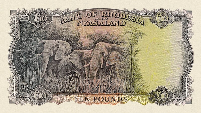 Rhodesia & Nyasaland banknotes, Queen Elizabeth II, £10 Pounds, Year 1956, Pick  P-23, UNC