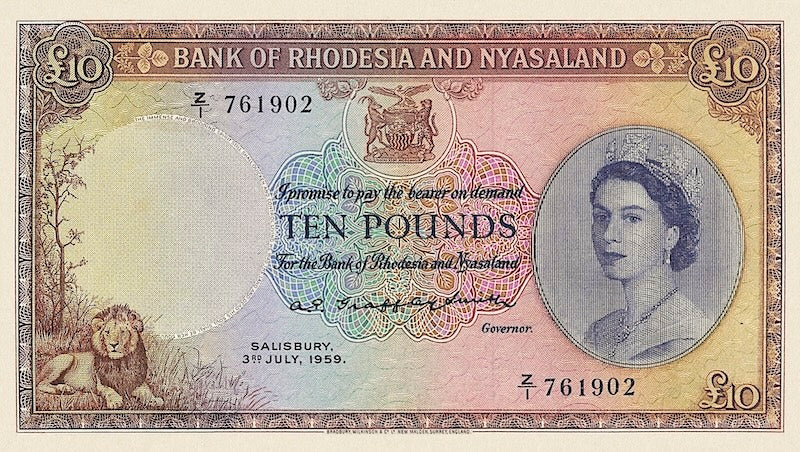 Rhodesia & Nyasaland banknotes, Queen Elizabeth II, £10 Pounds, Year 1956, Pick  P-23, UNC