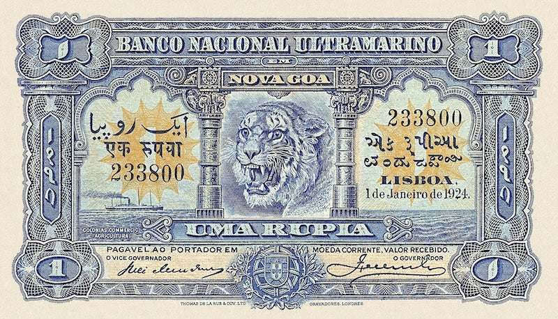 Portuguese India banknote, Banco Nacional Ultramarino, 1 Rupia, 1924, Pick P-23 UNC