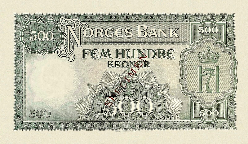 Norway (Government in Exile) banknotes, Krigsseddel, 500 Kroner, 1942, Pick P-23, UNC