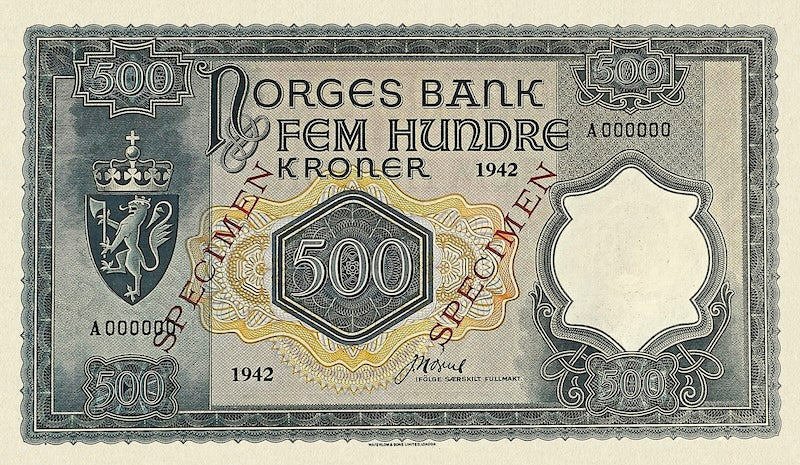 Norway (Government in Exile) banknotes, Krigsseddel, 500 Kroner, 1942, Pick P-23, UNC