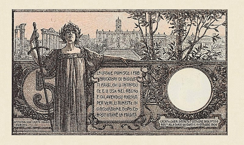 Italy banknote, Biglietto Di Stato, Umberto I Issue, 5 Lire, 1904, Pick P-23, UNC