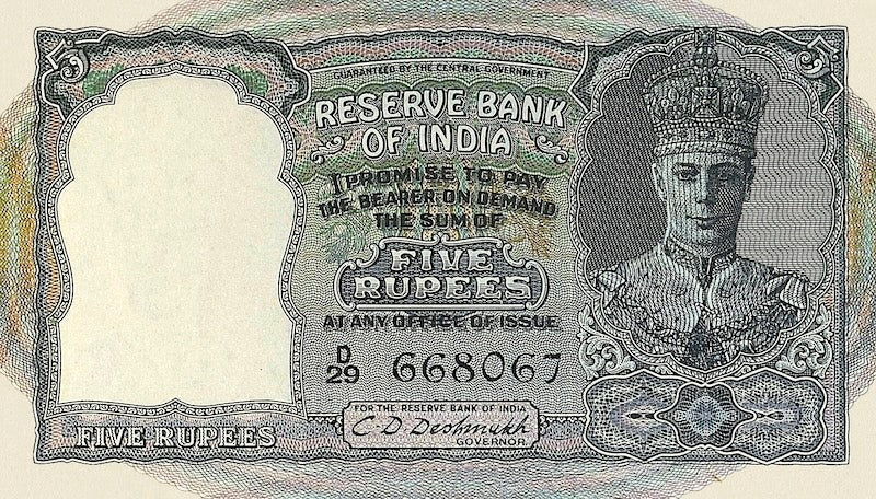 British India banknote, King George VI, 5 Rupees, 1943, Pick P-23, UNC