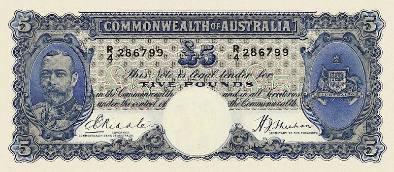 Australia banknotes, King George V, Commonwealth Bank, £5 Pounds, 1933, Pick P-23, UNC