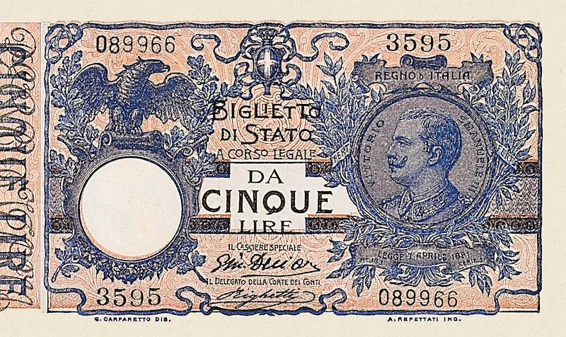 Italy banknote, Biglietto Di Stato, Umberto I Issue, 5 Lire, 1904, Pick P-23, UNC