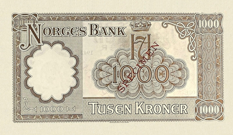 Norway (Government in Exile) banknotes, Krigsseddel, 1000 Kroner, 1942, Pick P-24, UNC