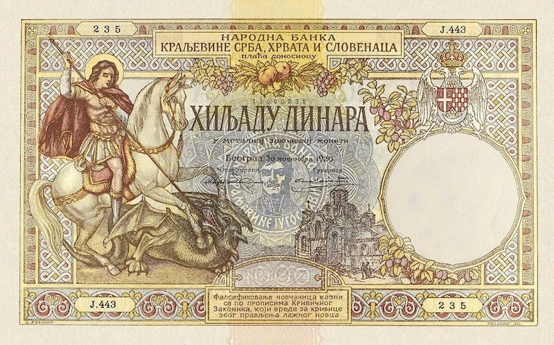 Kingdom of Serbs, Croats, and Slovenes banknote, Narodna Banka Kraljevine Srba, Hrvata i Slovenaca, 1000 Dinara, 1920, Pick P-24, UNC