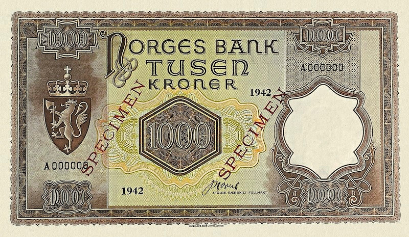 Norway (Government in Exile) banknotes, Krigsseddel, 1000 Kroner, 1942, Pick P-24, UNC