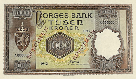 Norway (Government in Exile) banknotes, Krigsseddel, 1000 Kroner, 1942, Pick P-24, UNC