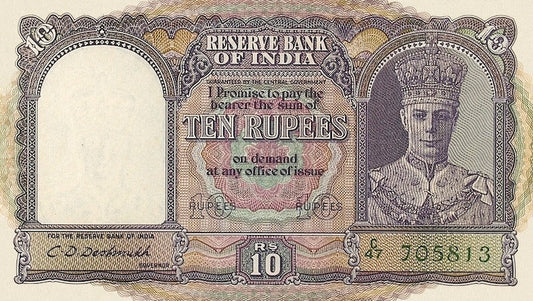 British India banknote, King George VI, 10 Rupees, 1943, Pick P-24, UNC