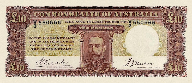Australia banknotes, King George V, Commonwealth Bank, £10 Pounds, 1933, Pick P-24, UNC