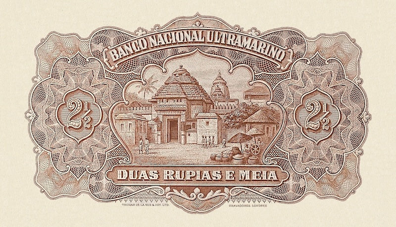 Portuguese India banknote, Banco Nacional Ultramarino, 2 1/2 Rupias, 1924, Pick P-24 UNC