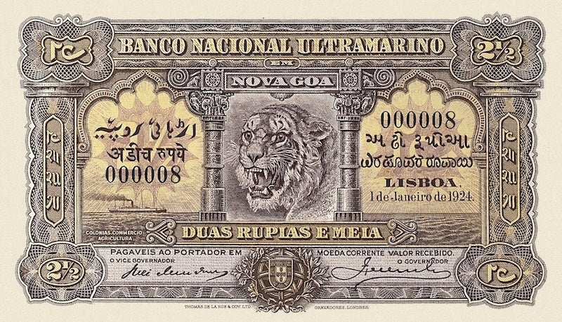 Portuguese India banknote, Banco Nacional Ultramarino, 2 1/2 Rupias, 1924, Pick P-24 UNC