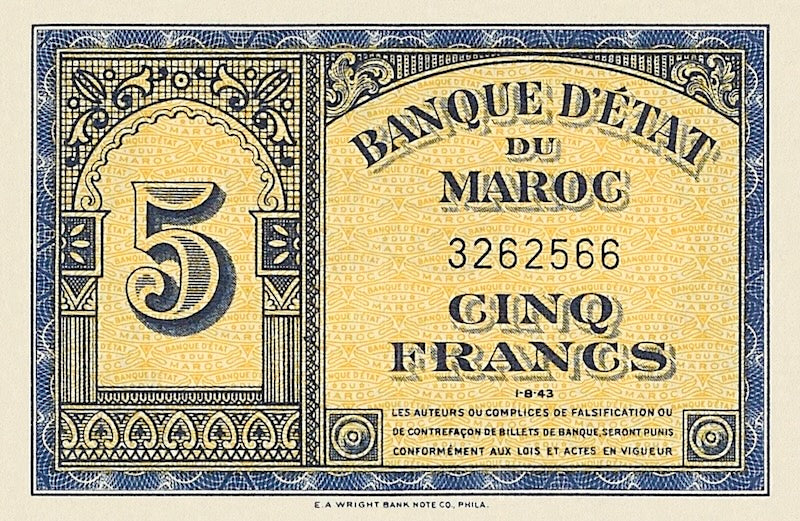 Morocco banknote, Banque d'Etat Du Maroc, World War II Issue, 5 Francs, 1943, Pick P-24, UNC